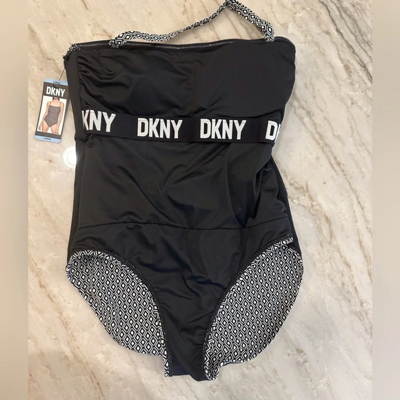 NWT DKNY One Piece Swim Suit Black and White Geometric Print Women’s size L - Picture 8 of 10